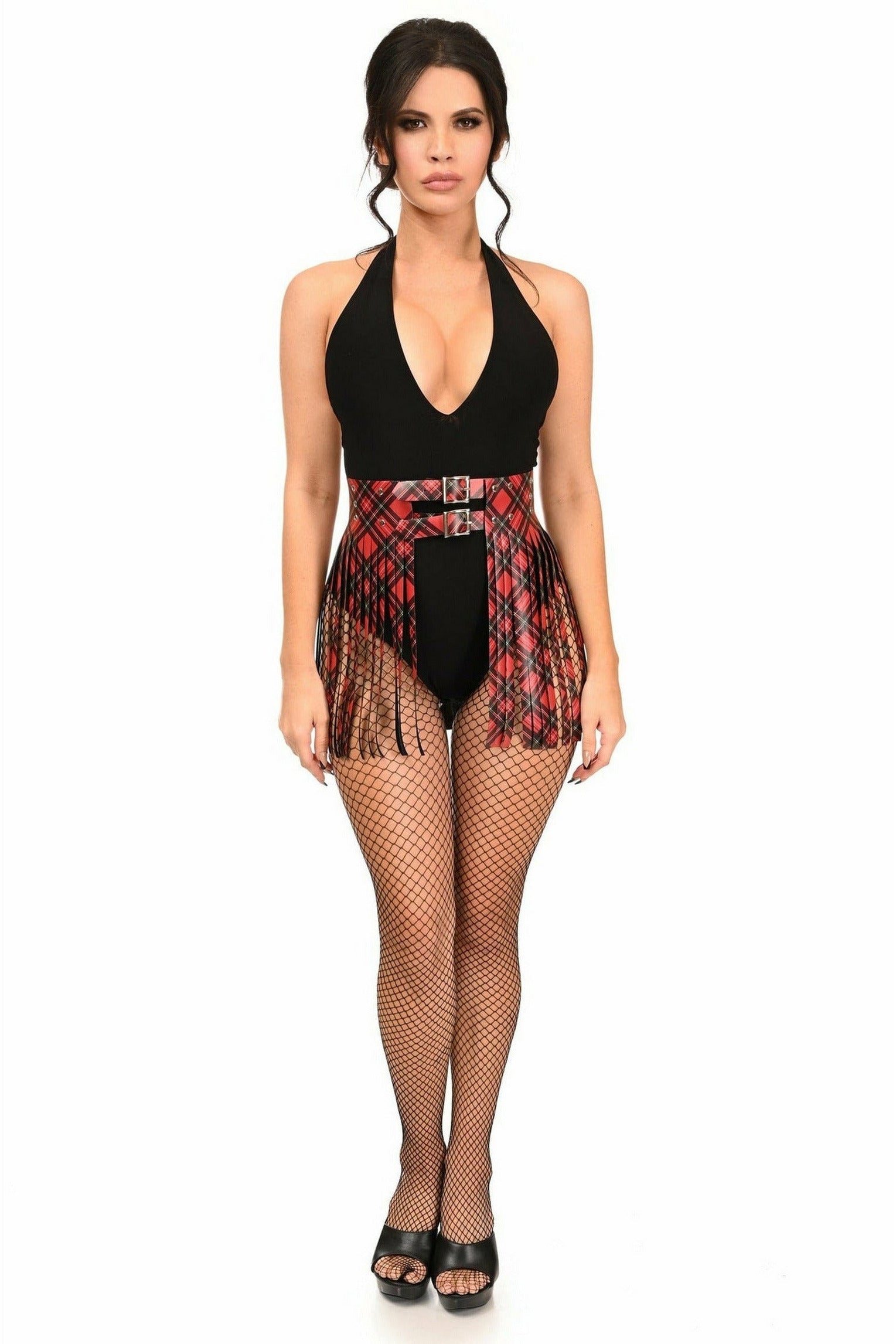 Daisy Corsets Red Plaid Faux Leather Fringe Skirt - Flyclothing LLC