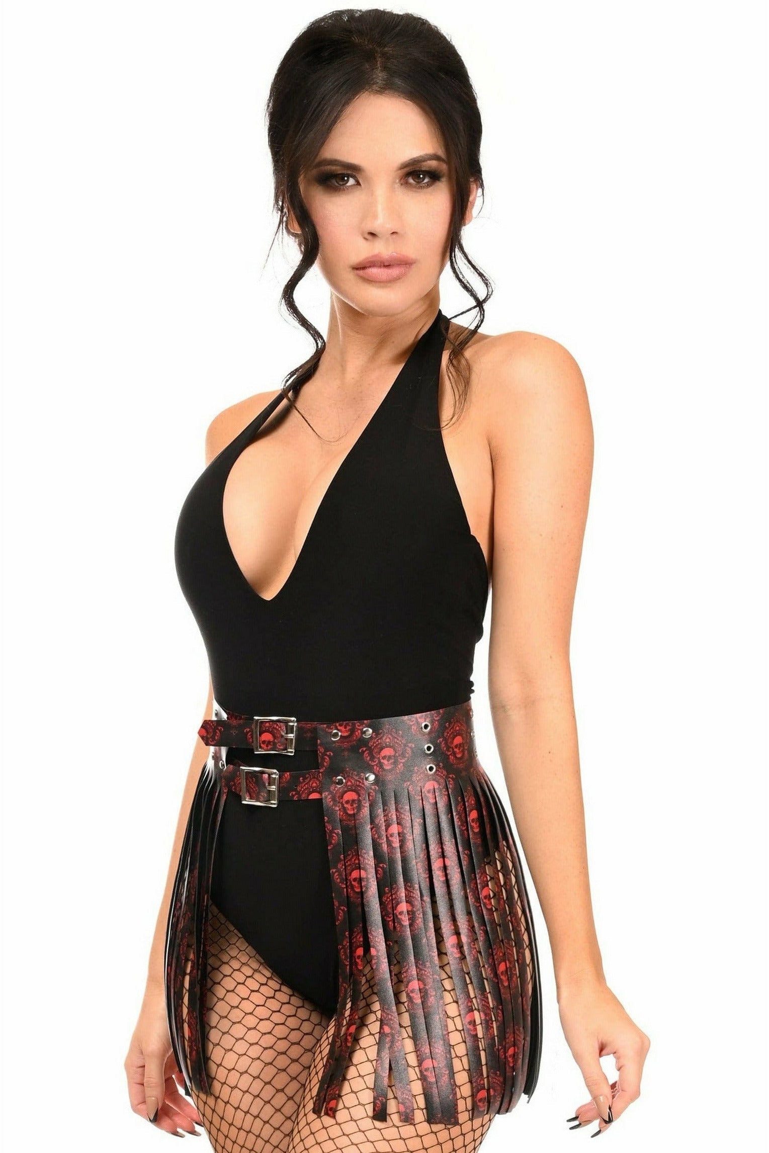 Daisy Corsets Black & Red Skull Faux Leather Fringe Skirt