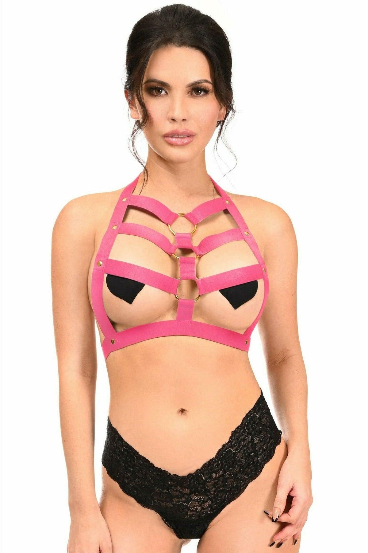 Hot Pink Stretchy Body Harness w/Gold Hardware - Flyclothing LLC