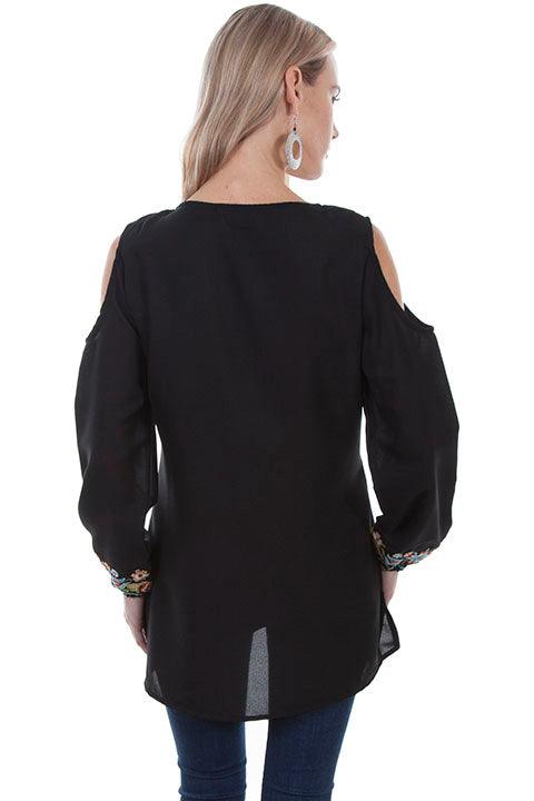 Scully BLACK COLD SHOULDER W/FLORAL Embroidered GEORGETTE Top - Flyclothing LLC