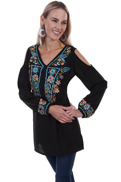 Scully BLACK COLD SHOULDER W/FLORAL Embroidered GEORGETTE Top - Flyclothing LLC