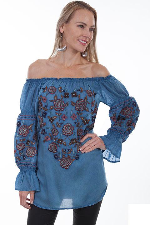 Scully AVALANCHE BLUE PEASANT BLOUSE W/EMBROIDERY - Flyclothing LLC