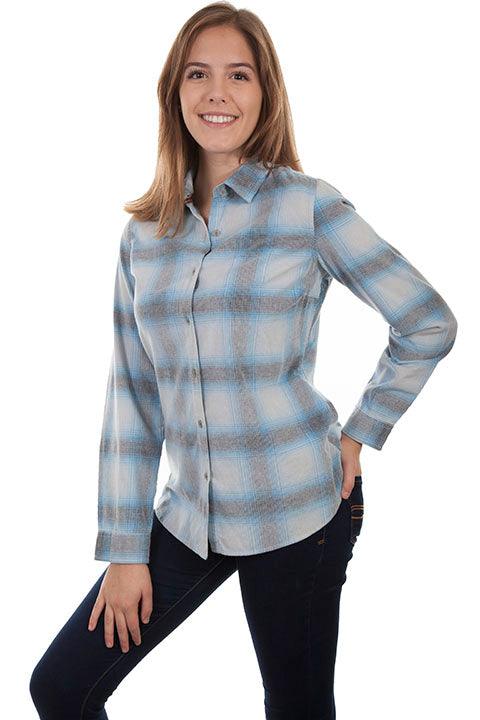 Scully BLUE-WHITE LADIES CORDUROY PLAID BLOUSE - Flyclothing LLC