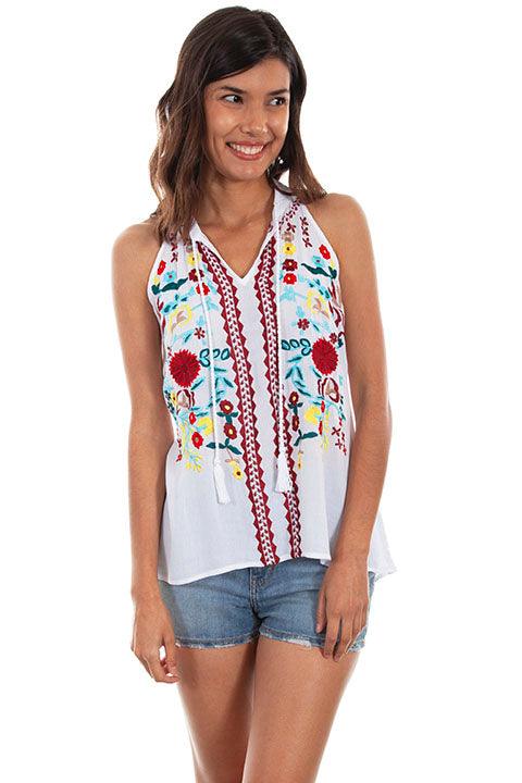 Scully WHITE TIE FRONT EMB.RICK RACK TANK - Flyclothing LLC