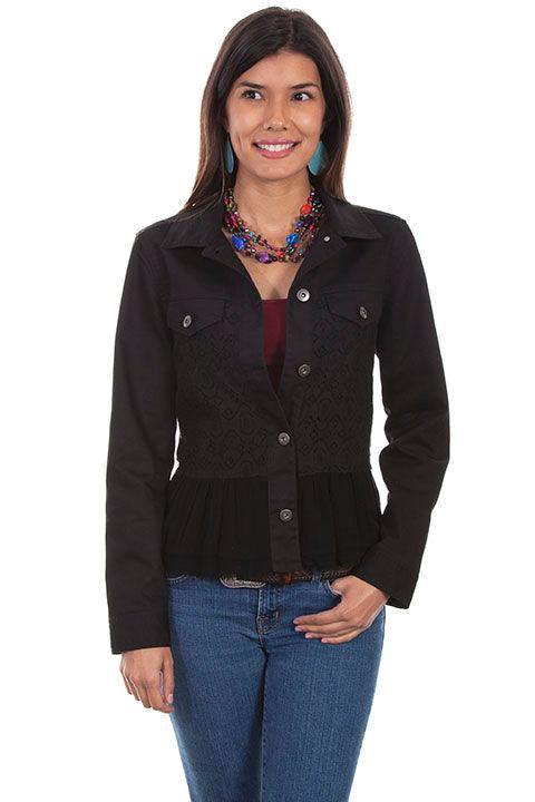 Scully BLACK DENIM JKT W/GEORGETTE RUFFLE - Flyclothing LLC