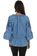 Scully DENIM PEPLUM BLOUSE W/TONAL EMB & TIE NECK - Flyclothing LLC