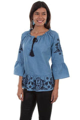 Scully DENIM PEPLUM BLOUSE W/TONAL EMB & TIE NECK - Flyclothing LLC