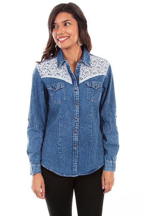 Scully DENIM WESTERN YOKE W/LACE INSETS BLOUSE - Flyclothing LLC