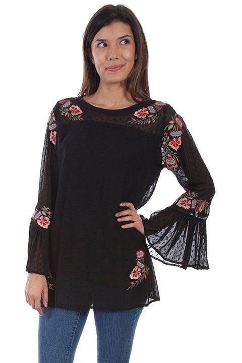 Scully BLACK SWISS DOT TUNIC W/EMB & RUFFLE SLEEVE - Flyclothing LLC