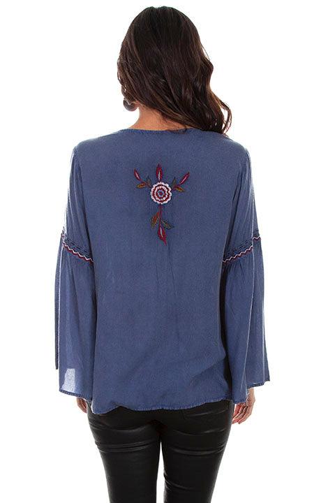 Scully VINTAGE STEEL BLUE EMB V-NECK W/BELL SLEEVES - Flyclothing LLC