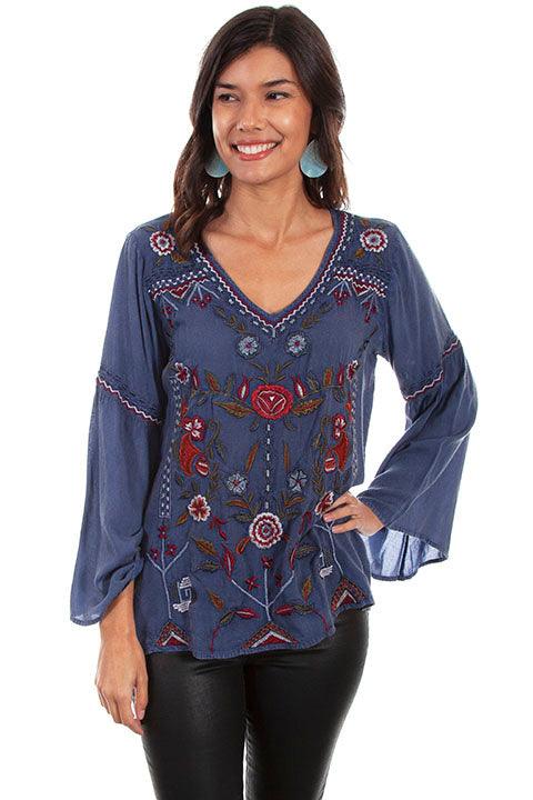 Scully VINTAGE STEEL BLUE EMB V-NECK W/BELL SLEEVES - Flyclothing LLC