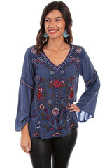 Scully VINTAGE STEEL BLUE EMB V-NECK W/BELL SLEEVES - Flyclothing LLC