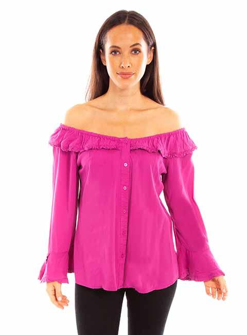 Scully Leather 100% Rayon Pink Ruffle Off/On Shoulder Blouse Shirt - Flyclothing LLC