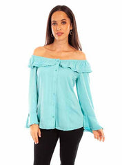 Scully Leather 100% Rayon Turquoise Ruffle Off/On Shoulder Blouse Shirt - Flyclothing LLC