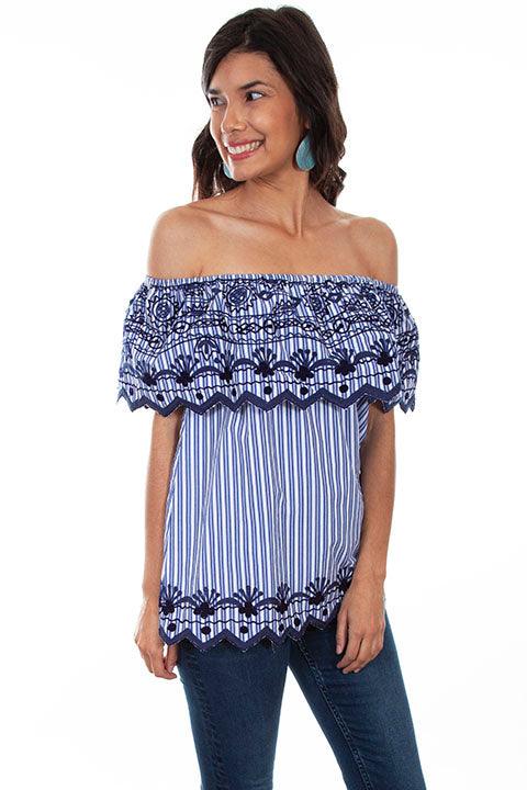 Scully NAVY STRIPE/EMB RUFFLE BLOUSE - Flyclothing LLC