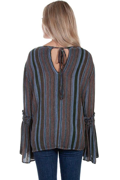 Scully DARK BLUE BRAIDED BELL SLV TIE BACK BLOUSE - Flyclothing LLC