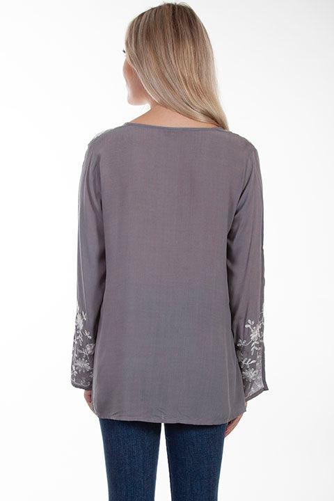 Scully SOFT GREY EMB FRONT/SLEEVES TIE FRONT BLOUSE - Flyclothing LLC