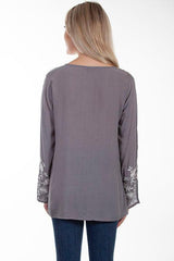 Scully SOFT GREY EMB FRONT/SLEEVES TIE FRONT BLOUSE - Flyclothing LLC