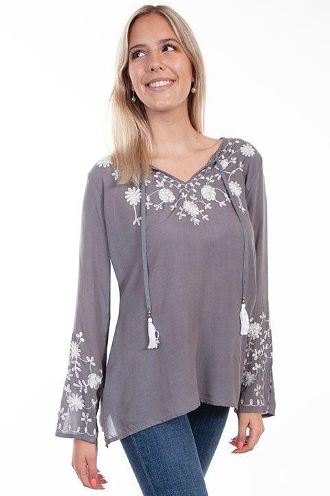 Scully SOFT GREY EMB FRONT/SLEEVES TIE FRONT BLOUSE - Flyclothing LLC