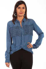 Scully DENIM FRINGE BUTTON DOWN BLOUSE - Flyclothing LLC