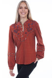 Scully RUST EMBROIDERED YOKE L/S BLOUSE - Flyclothing LLC