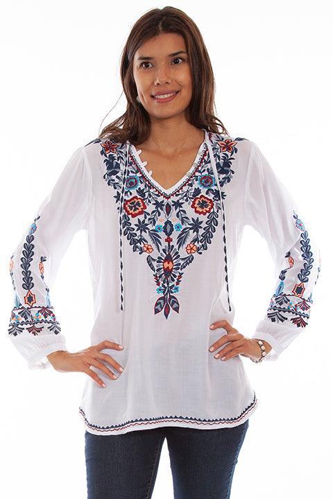 Scully WHITE V-NECK W/TIES EMB. BLOUSE - Flyclothing LLC