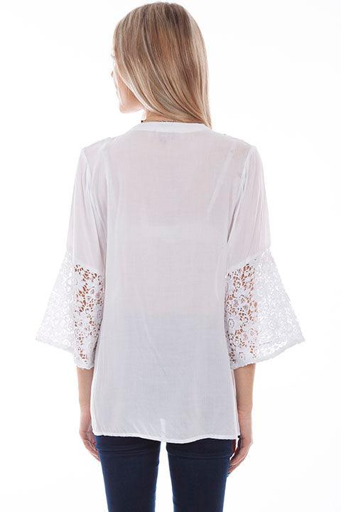 Scully WHITE EMB BLOUSE WITH CROCHET SLEEVES - Flyclothing LLC