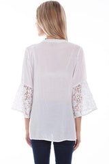 Scully WHITE EMB BLOUSE WITH CROCHET SLEEVES - Flyclothing LLC