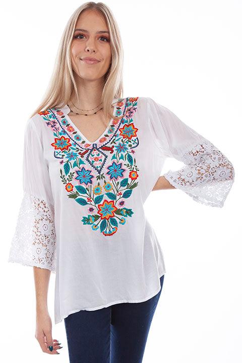 Scully WHITE EMB BLOUSE WITH CROCHET SLEEVES - Flyclothing LLC