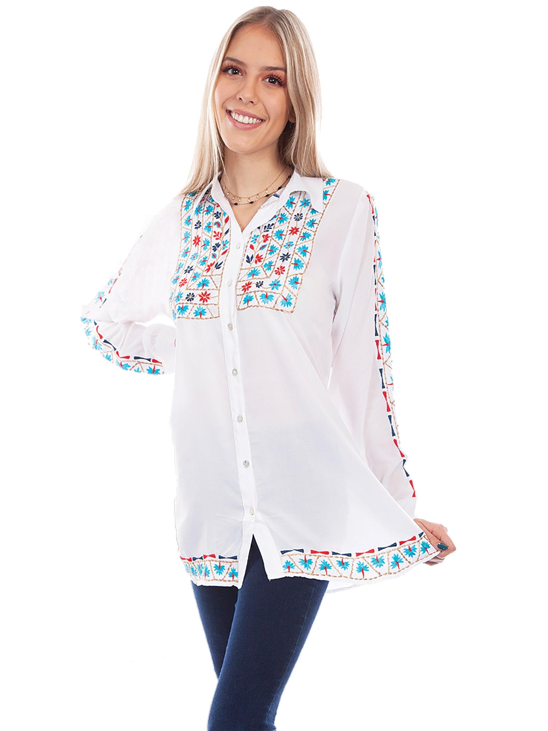 Scully WHITE BUTTON FRONT EMB. TUNIC - Flyclothing LLC