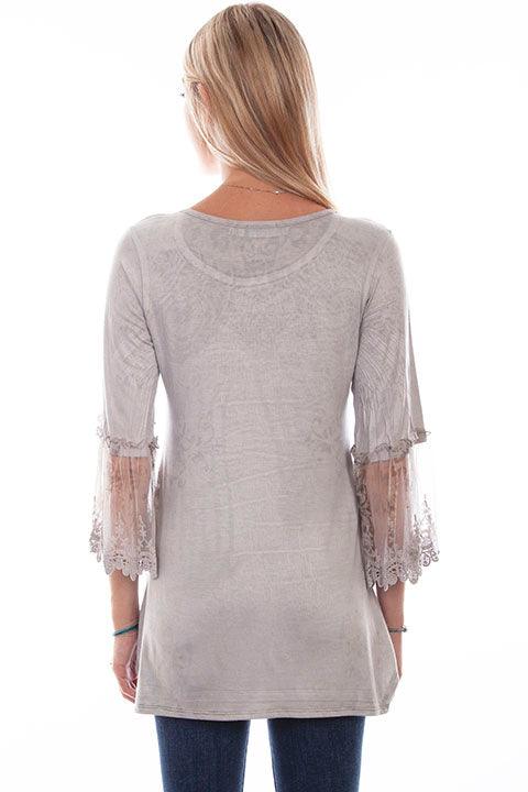 Scully Leather Silver Printed Top W/Tulle Crochet Sleeve - Flyclothing LLC