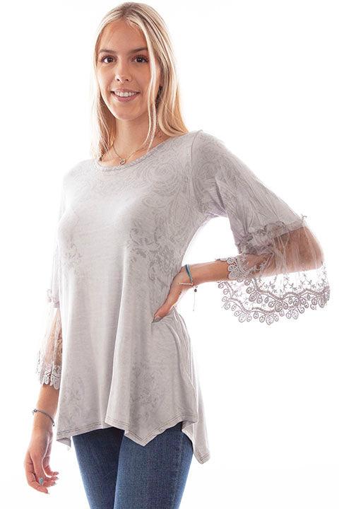 Scully Leather Silver Printed Top W/Tulle Crochet Sleeve - Flyclothing LLC