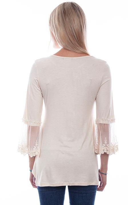 Scully Leather Beige Solid Top W/Tulle Crochet Sleeves - Flyclothing LLC