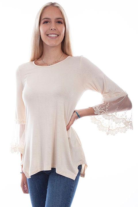 Scully Leather Beige Solid Top W/Tulle Crochet Sleeves - Flyclothing LLC