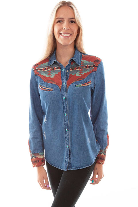 Scully Leather Honey Creek Denim Denim Shirt W/Microfiber Navajo Prin