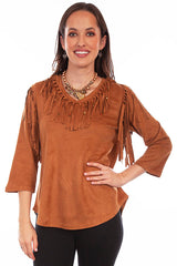 Scully Leather Honey Creek Brown Ultra Suede Fringe Pull Over Top