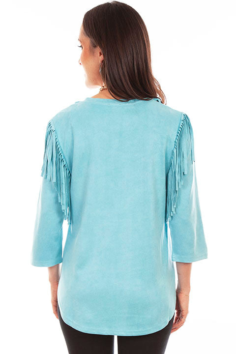 Scully Leather Honey Creek Turquoise Ultra Suede Fringe Pull Over Top