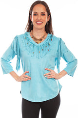 Scully Leather Honey Creek Turquoise Ultra Suede Fringe Pull Over Top