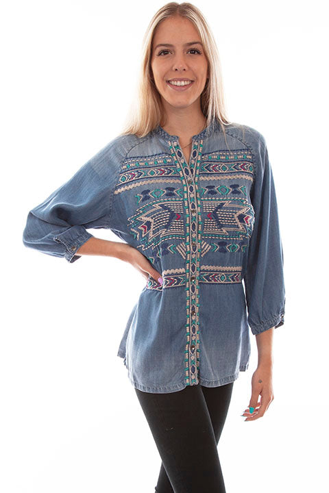 Scully Leather Honey Creek Denim Embroidered Tencel Blouse