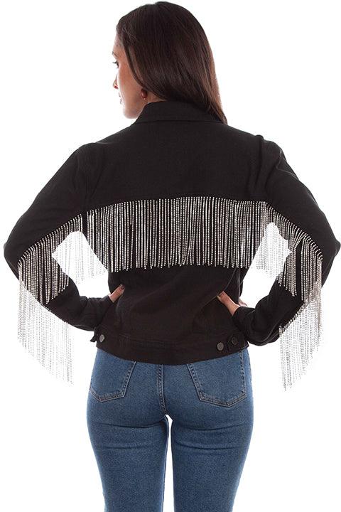 Scully Leather 76% Cotton 21% Polyester 2% Spandex Black Denim Jacket W/Rhinestone Fringe Jacket - Flyclothing LLC