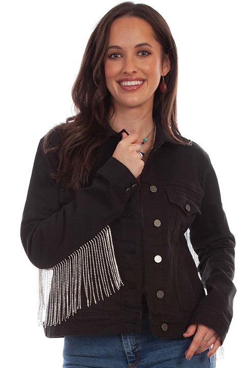 Scully Leather 76% Cotton 21% Polyester 2% Spandex Black Denim Jacket W/Rhinestone Fringe Jacket - Flyclothing LLC