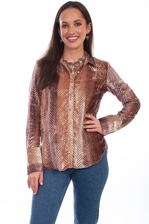 Scully Leather Honey Creek Burnt Velvet Button Down Frech Cuffs Blouse