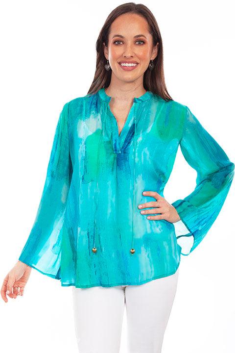 Scully Leather  36% Viscose Aqua Pullover Tie Front Print Blouse - Flyclothing LLC