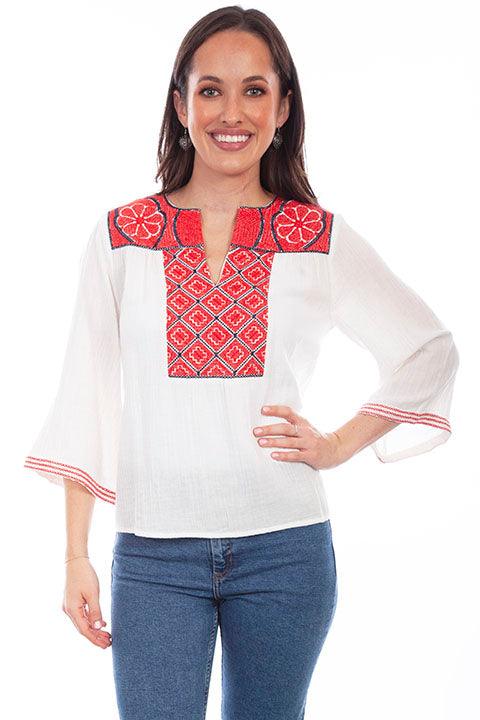 Scully Leather White Blouse W/Front & Back Yoke Embroidered - Flyclothing LLC