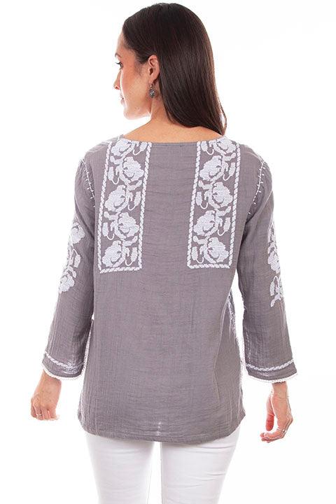 Scully Leather Grey Embroidered Blouse W/Crochet Trim - Flyclothing LLC