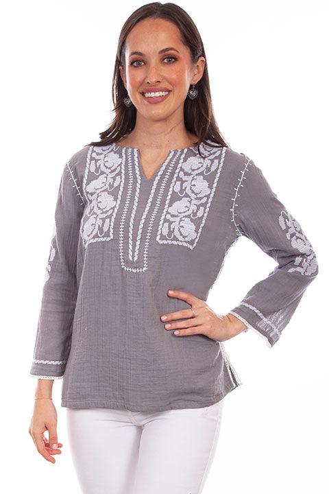 Scully Leather Grey Embroidered Blouse W/Crochet Trim - Flyclothing LLC