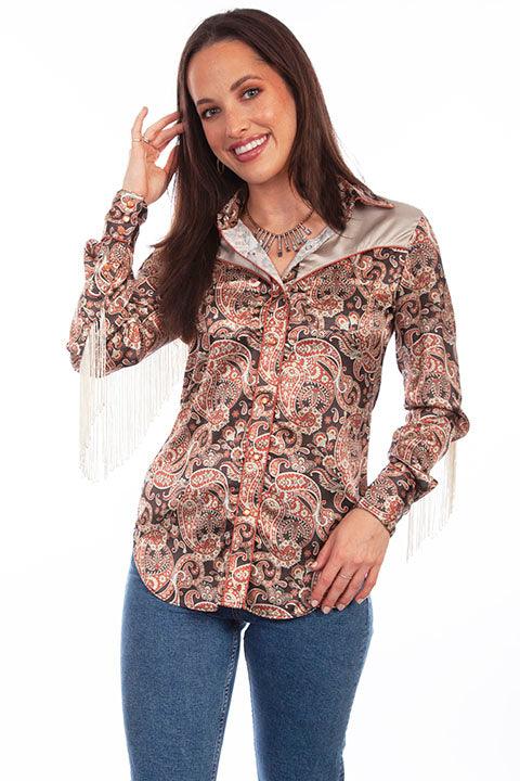 Scully Leather 100% Polyester Brown Paisley Blouse W/Fringe Shirt - Flyclothing LLC