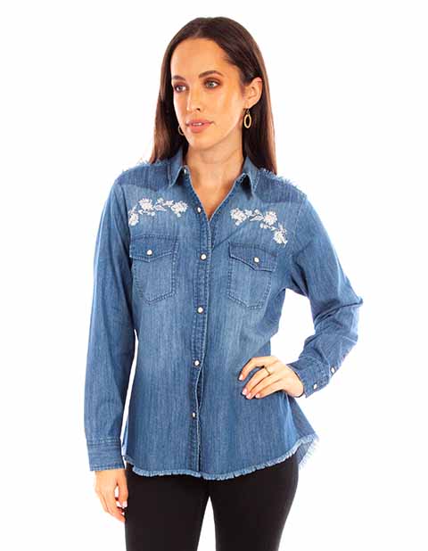 Scully Leather Honey Creek Denim Denim Blouse With Embroidery Yokes