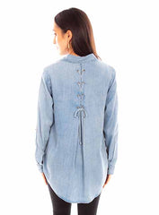 Scully Leather Honey Creek Blue X Stitch Top W/Lace Up Back