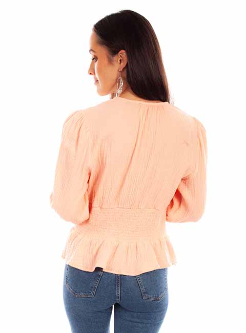 Scully Leather Honey Creek Blush Cotton Texture Peplum Top W/Lace Up